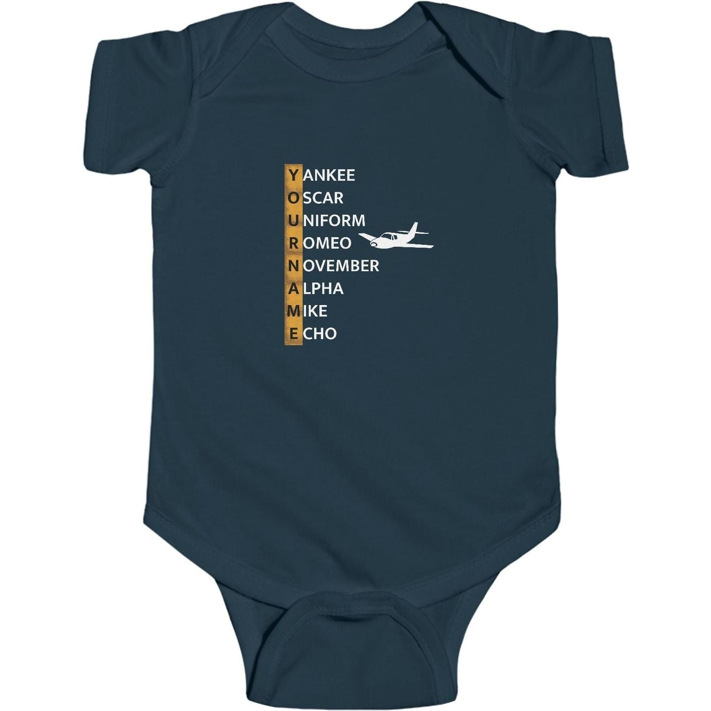 Your Name in NATO Phonetic Alphabet Personalized Aviation Jersey Baby Bodysuit