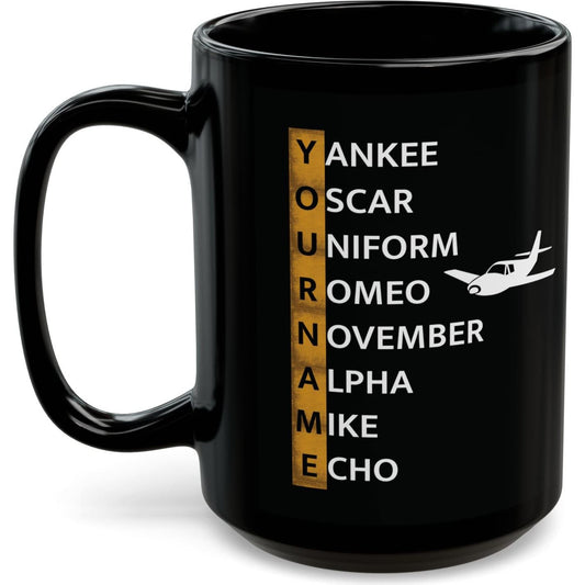Your Name in NATO Phonetic Alphabet Personalized Aviation Black Mug