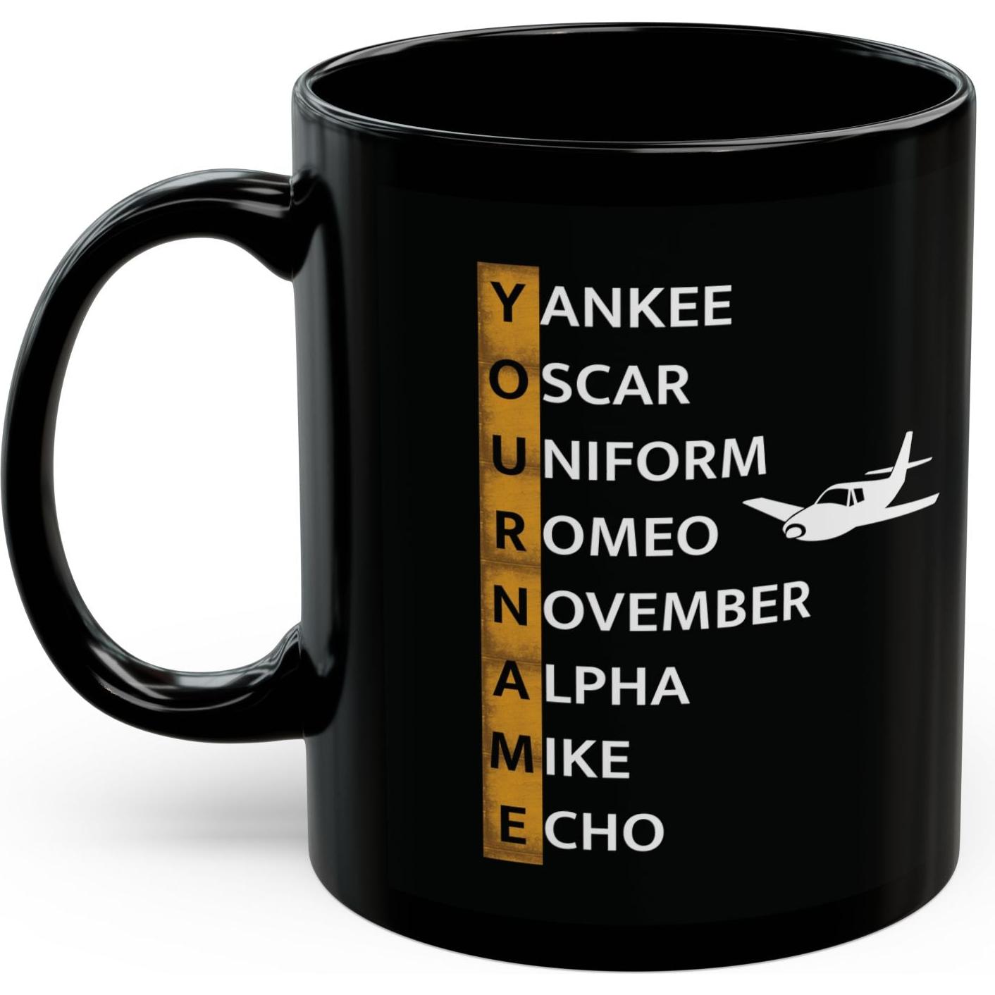 Your Name in NATO Phonetic Alphabet Personalized Aviation Black Mug