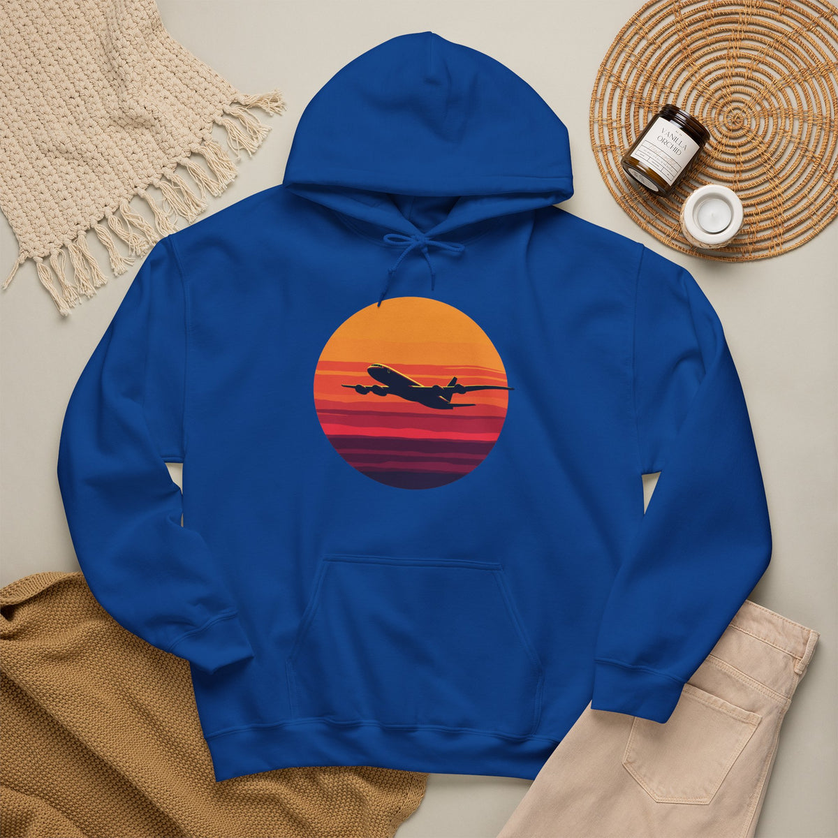 Airliner soaring on a bold retro sunset - aviation fan's hoodie