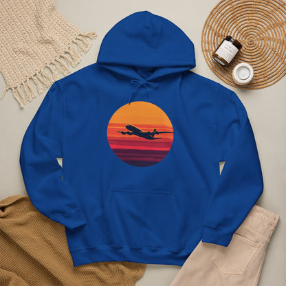 Airliner soaring on a bold retro sunset - aviation fan's hoodie