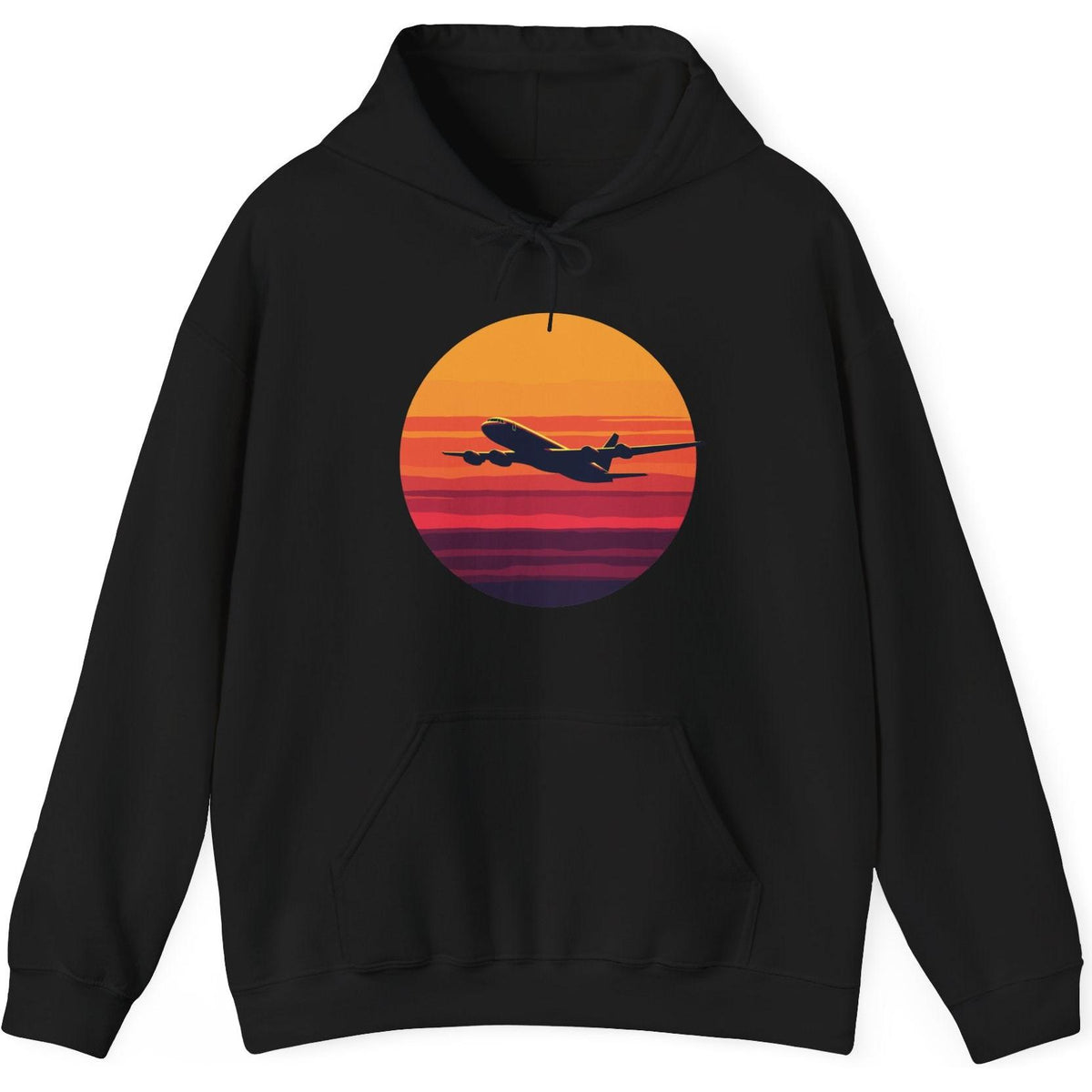 Airliner soaring on a bold retro sunset - aviation fan's hoodie