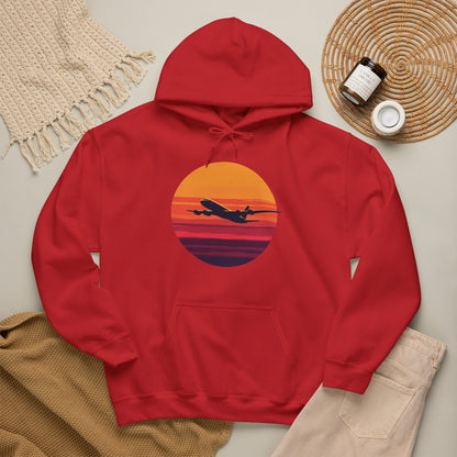Airliner soaring on a bold retro sunset - aviation fan's hoodie