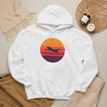 Airliner soaring on a bold retro sunset - aviation fan's hoodie