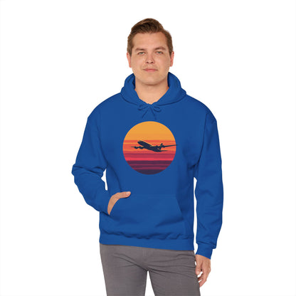 Airliner soaring on a bold retro sunset - aviation fan's hoodie