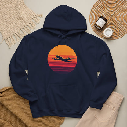 Airliner soaring on a bold retro sunset - aviation fan's hoodie