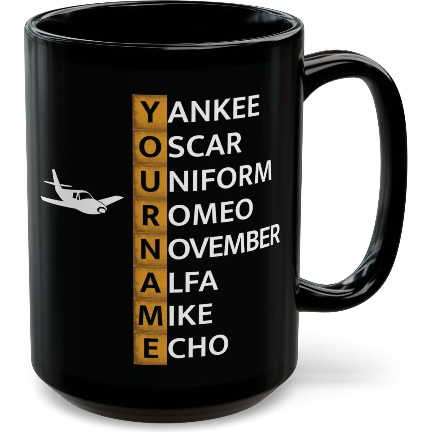 Your Name in NATO Phonetic Alphabet — Personalized Aviation Black Mug