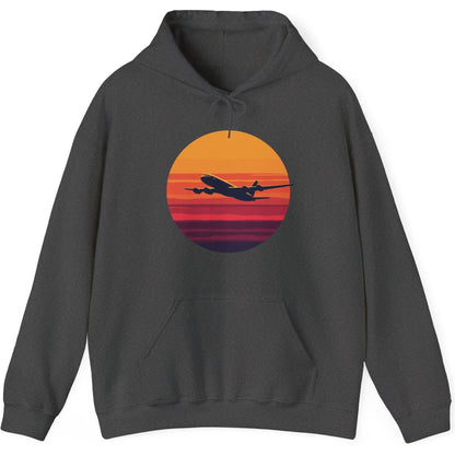 Airliner soaring on a bold retro sunset - aviation fan's hoodie