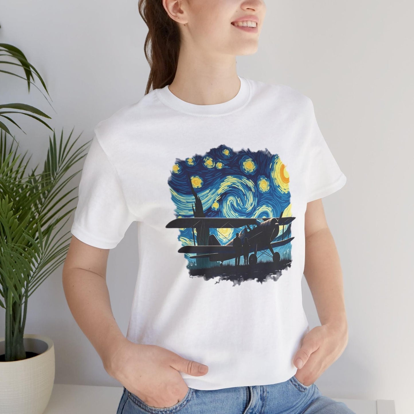 Taildragger airplane, Van Gogh-style starry night - aviation fan's T-Shirt