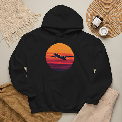Airliner soaring on a bold retro sunset - aviation fan's hoodie