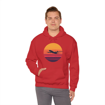 Airliner soaring on a bold retro sunset - aviation fan's hoodie