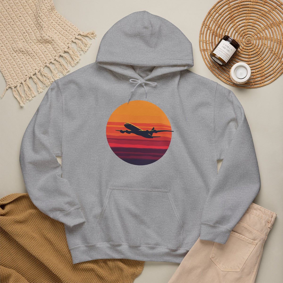Airliner soaring on a bold retro sunset - aviation fan's hoodie