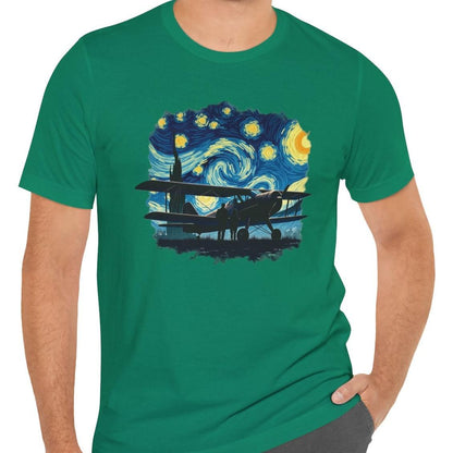 Taildragger airplane, Van Gogh-style starry night - aviation fan's T-Shirt