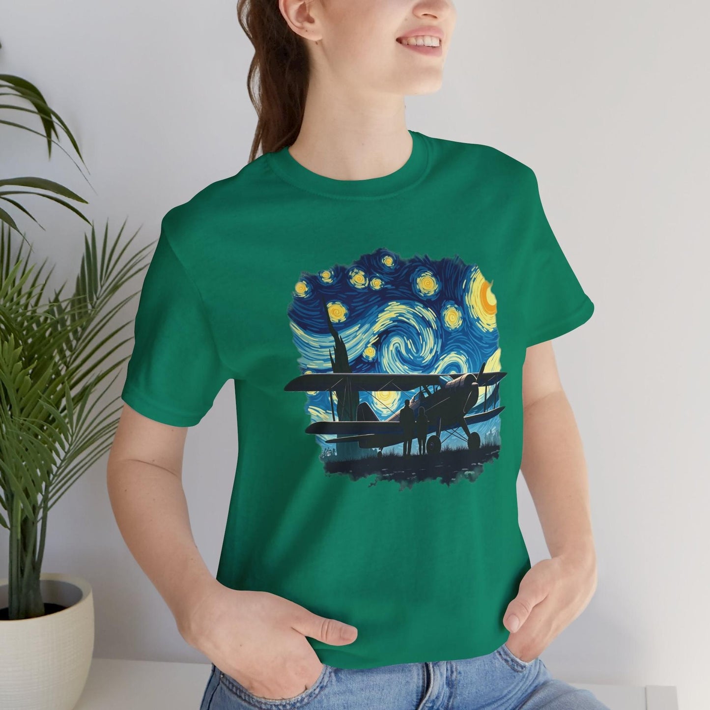 Taildragger airplane, Van Gogh-style starry night - aviation fan's T-Shirt