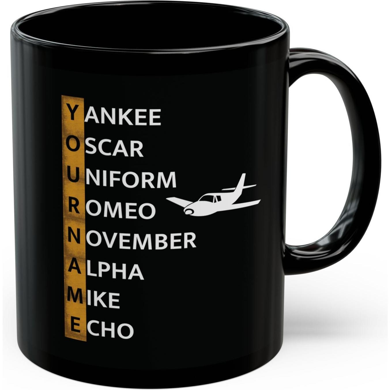 Your Name in NATO Phonetic Alphabet Personalized Aviation Black Mug