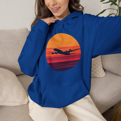 Airliner soaring on a bold retro sunset - aviation fan's hoodie