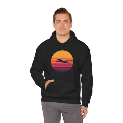 Airliner soaring on a bold retro sunset - aviation fan's hoodie