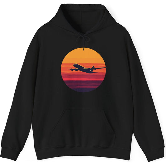 Airliner soaring on a bold retro sunset - aviation fan's hoodie