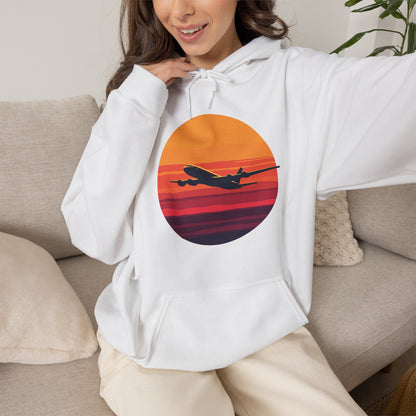 Airliner soaring on a bold retro sunset - aviation fan's hoodie