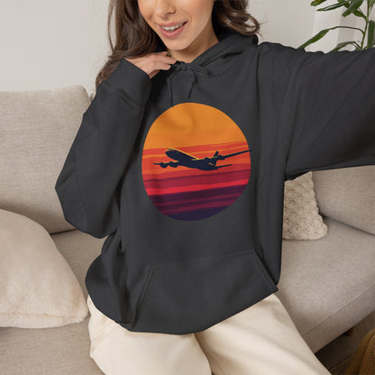 Airliner soaring on a bold retro sunset - aviation fan's hoodie