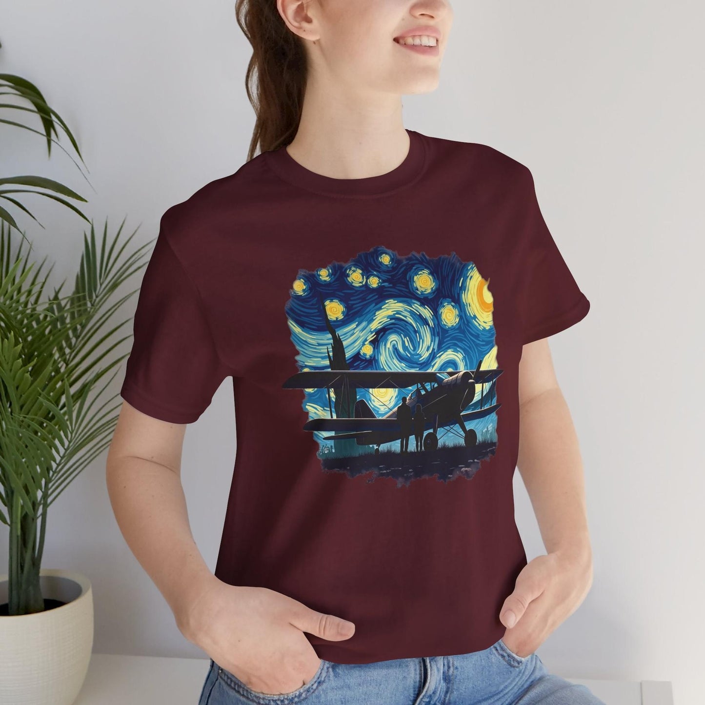 Taildragger airplane, Van Gogh-style starry night - aviation fan's T-Shirt