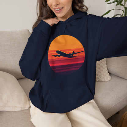 Airliner soaring on a bold retro sunset - aviation fan's hoodie