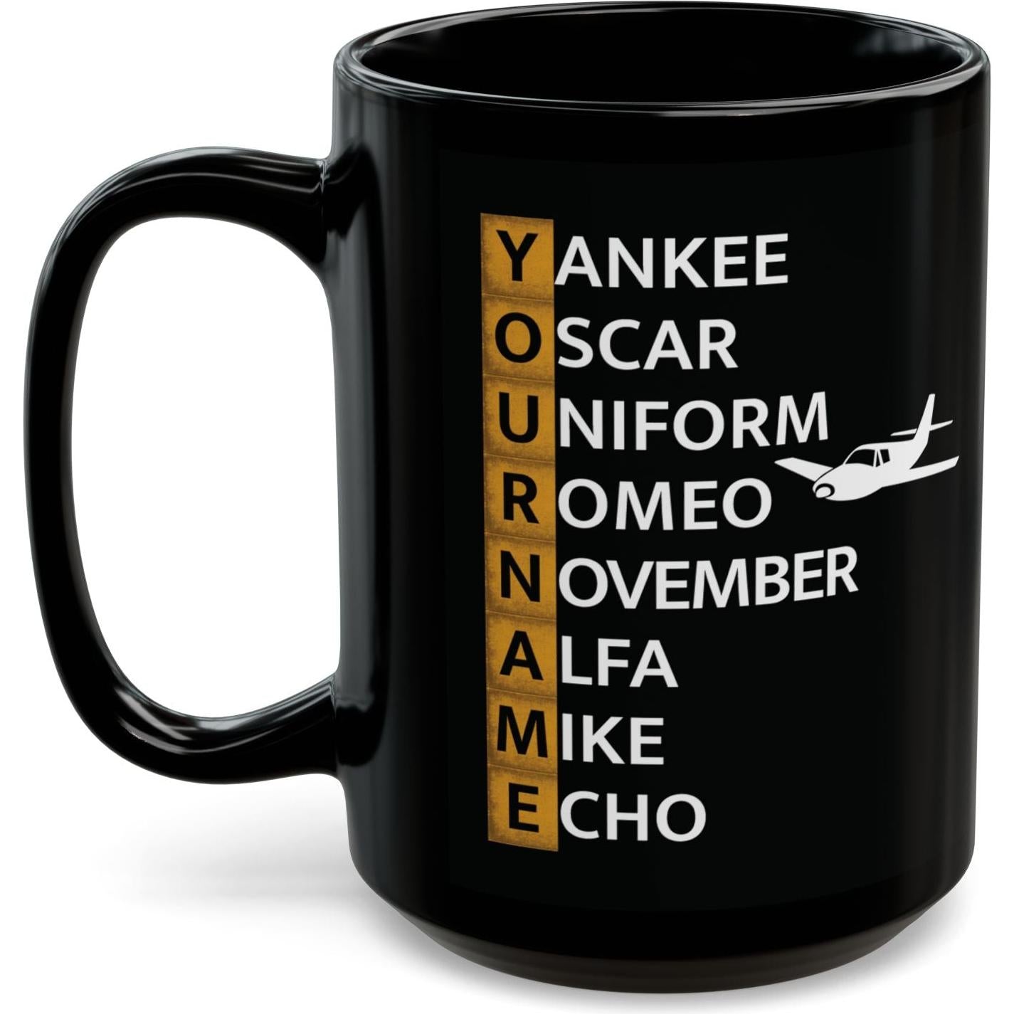 Your Name in NATO Phonetic Alphabet — Personalized Aviation Black Mug