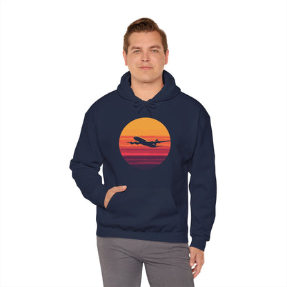 Airliner soaring on a bold retro sunset - aviation fan's hoodie