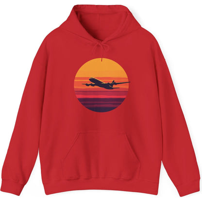 Airliner soaring on a bold retro sunset - aviation fan's hoodie