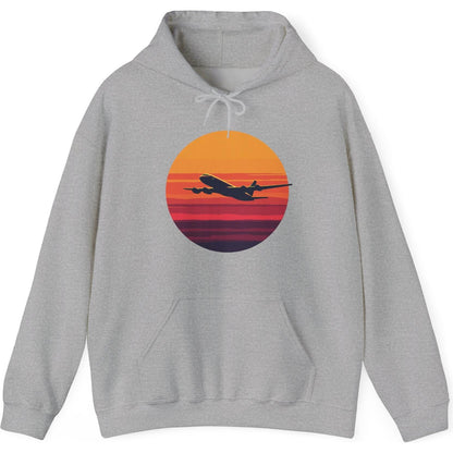 Airliner soaring on a bold retro sunset - aviation fan's hoodie