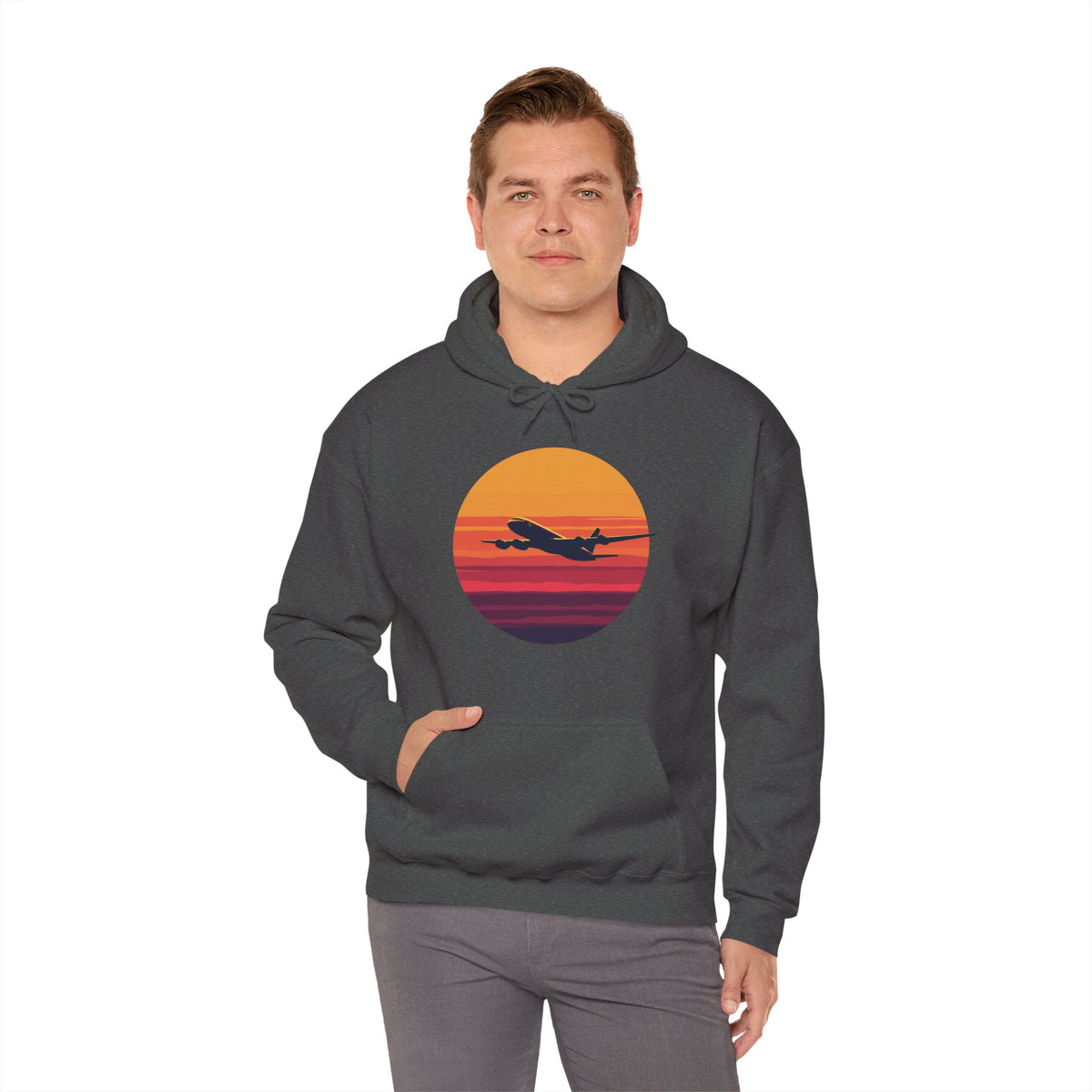 Airliner soaring on a bold retro sunset - aviation fan's hoodie