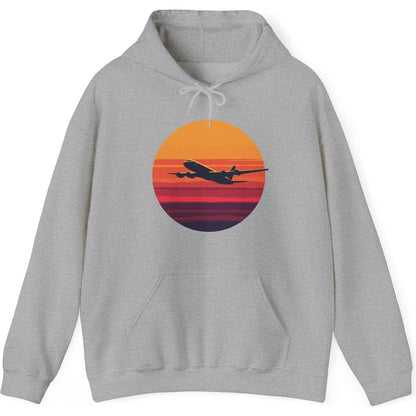 Airliner soaring on a bold retro sunset - aviation fan's hoodie