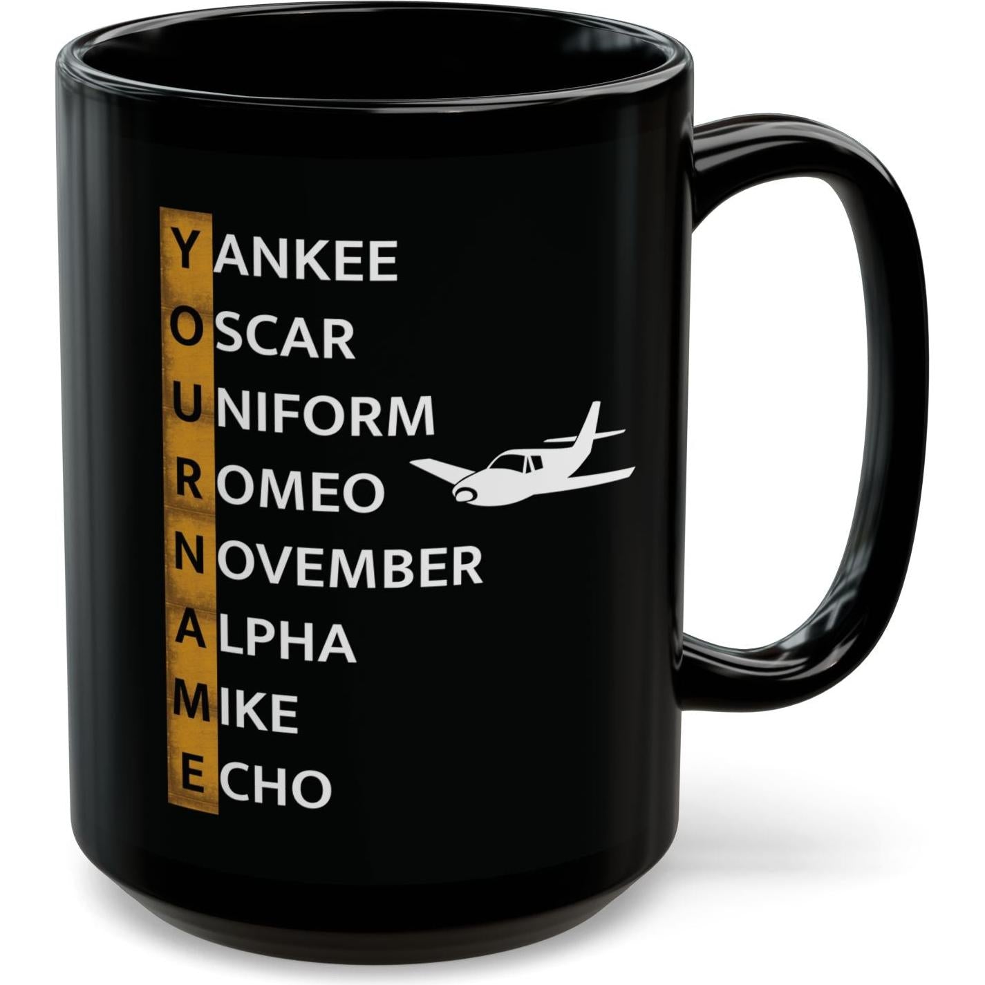 Your Name in NATO Phonetic Alphabet Personalized Aviation Black Mug