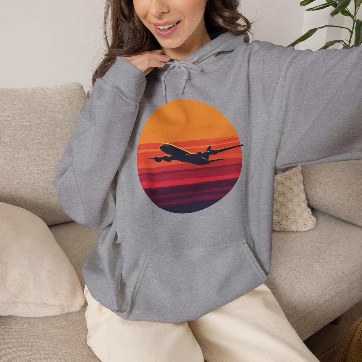 Airliner soaring on a bold retro sunset - aviation fan's hoodie