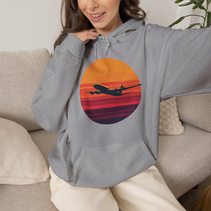 Airliner soaring on a bold retro sunset - aviation fan's hoodie