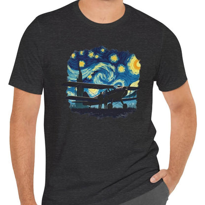 Taildragger airplane, Van Gogh-style starry night - aviation fan's T-Shirt
