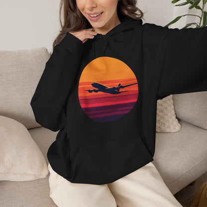 Airliner soaring on a bold retro sunset - aviation fan's hoodie