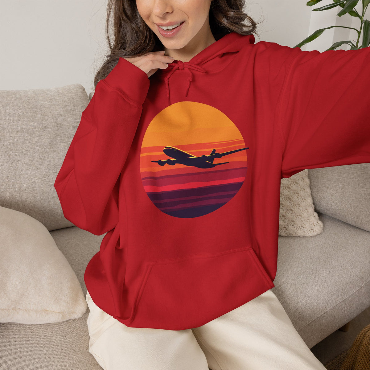 Airliner soaring on a bold retro sunset - aviation fan's hoodie